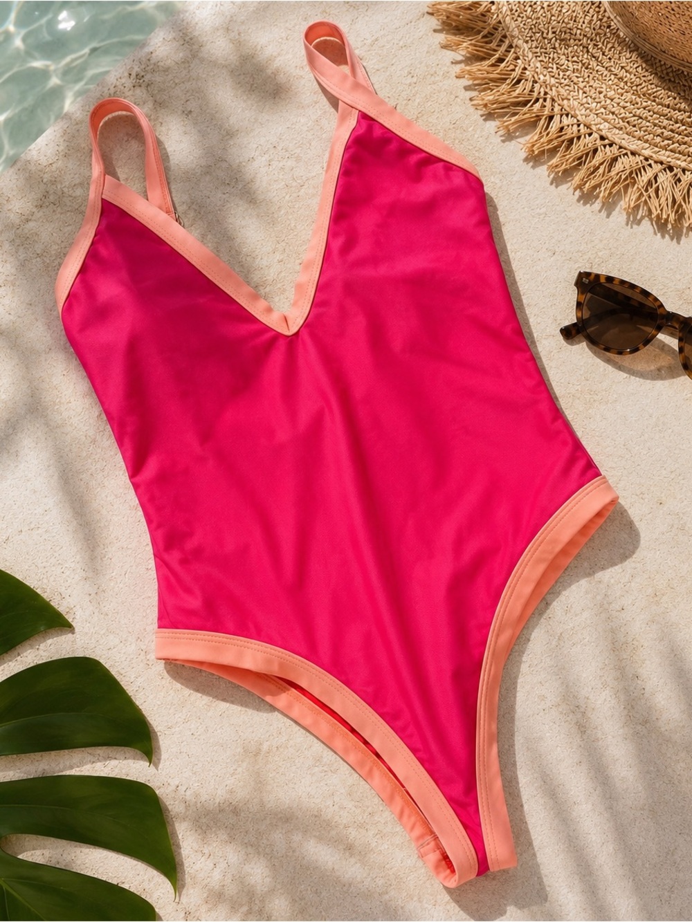 Beach Joy Bikini Neon Pink & Peach One Piece Swimsuit Women’s Medium